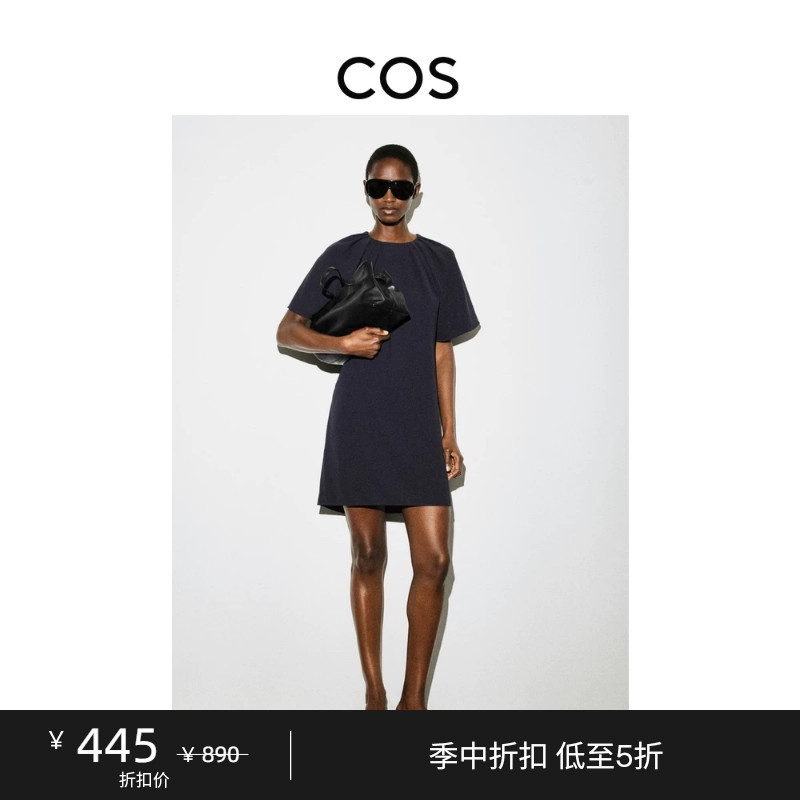 Cos Women's Standard Fit Round Neck Pleated Dress Navy Blue 2026 Summer New Product 1337523003 Cos Women's Standard Fit Round Neck Pleated Dress Navy Blue 2026 Summer New Product 1337523003