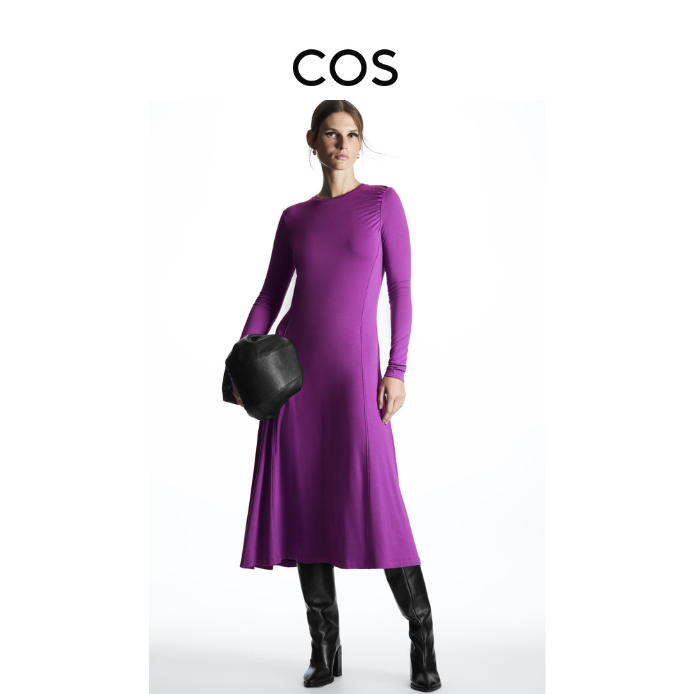 COS Women's Casual Version Type Round Collar Long Sleeve Shrink Pleated Dress Purple 1097805002-Taobao