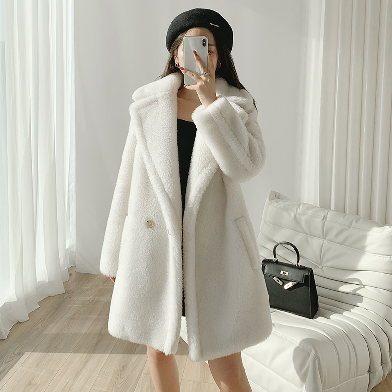 M Brand Teddy Bear Coat for Women, Mid-Length, 2025 Celebrity Style, White Alpaca Wool Oversized Fur Coat