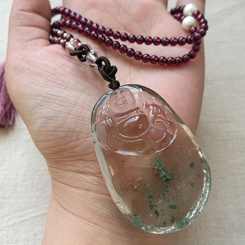 Natural Artisanal Finely Carved Green Ghost Big Belly Buddha Pendant Necklace Fur Coat Necklace of the Buddha You are safe and a figure