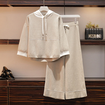 Large size womens clothing 2021 autumn new fat sister shows thin foreign style age reduction wide leg pants cover meat fashion two-piece suit