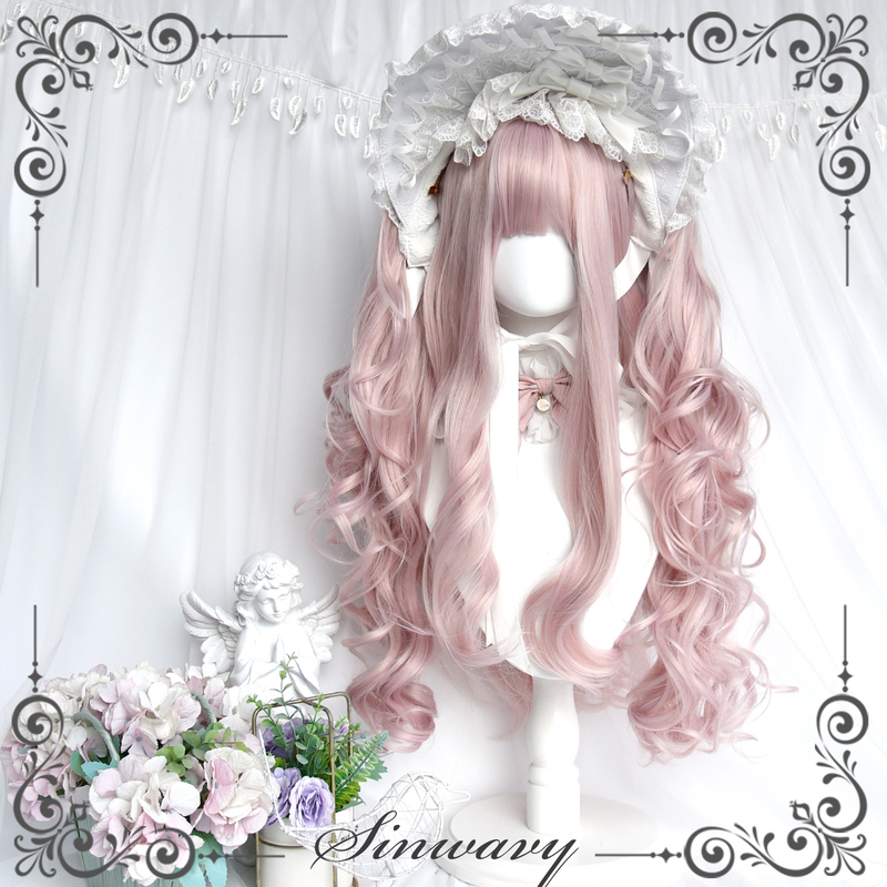 Siwanjia-Sweet Lo Light Pink Lolita Double Ponytail Wig Elegant Doll Medium-Long Curly Wig- | Milk Candy Rabbit |