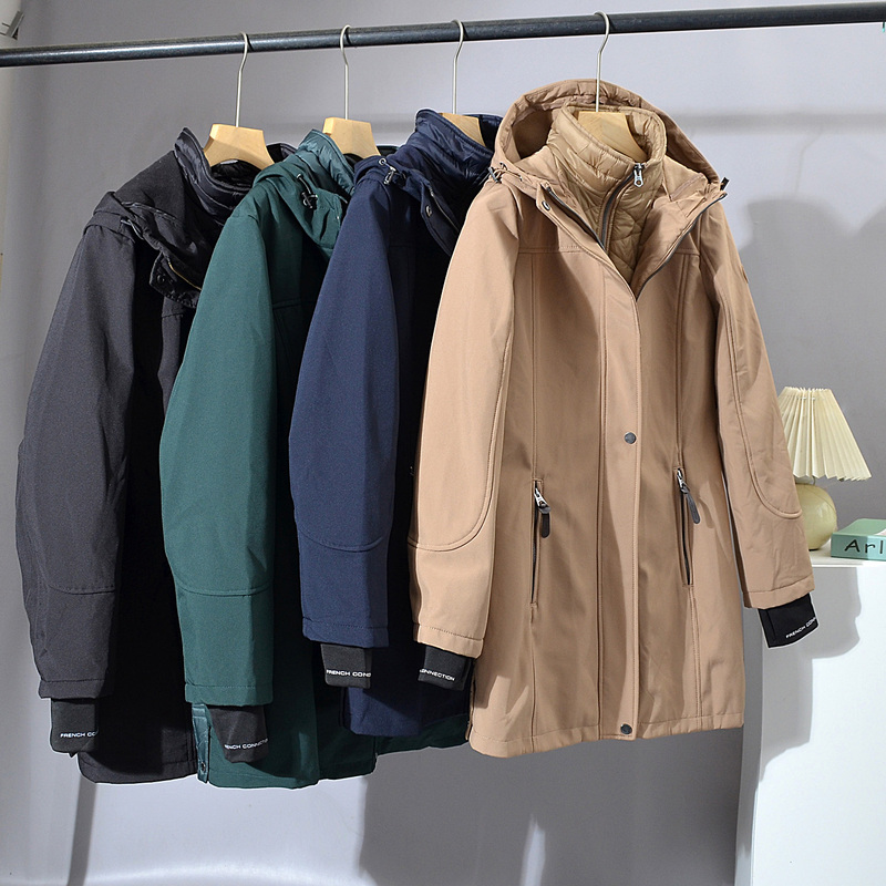 European and American Style Outdoor Large Size Faux Two-Piece Softshell Windbreaker Jacket for Women, Mid-Length Hooded Parka Casual Cotton Coat