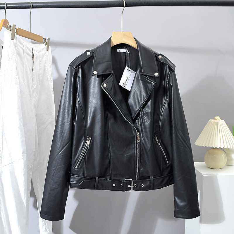 Russian Style Plus Size Women's Vintage Biker Leather Jacket Short Slim Fit Zip-Up Leather Jacket Top
