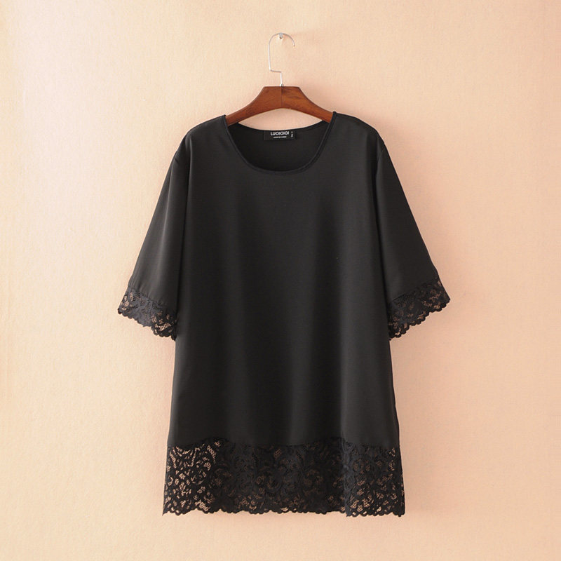 Gugujia custom large size women's clothing fat MM200 catties round neck lace lace stitching short-sleeved chiffon plus fertilizer to increase
