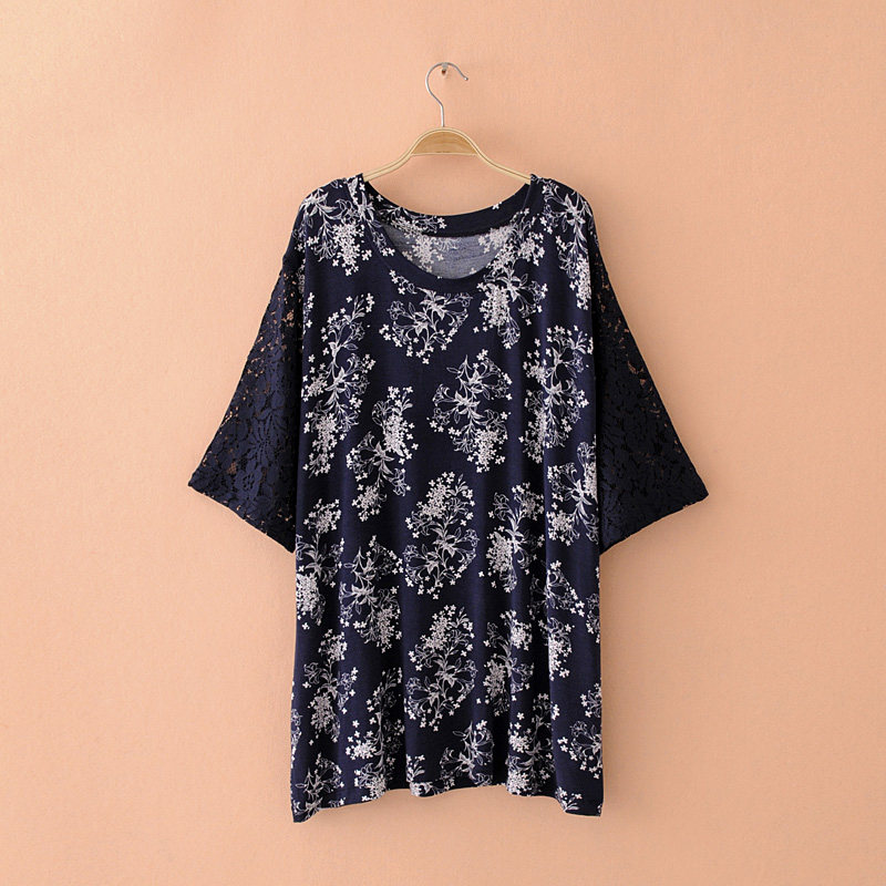 Gugujia custom plus fertilizer plus size women's clothing 200-300 catties fat MM lace stitching sleeve bottoming shirt printing T-shirt