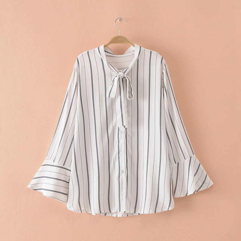 Gugujia custom 200 catties fat MM vertical striped loose pullover shirt casual wild lace-up shirt long-sleeved horn sleeves