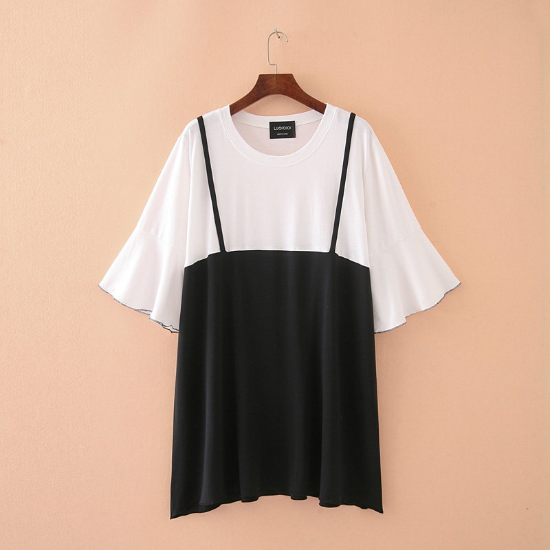 Gugujia custom autumn fat MM200 catties sweet lotus leaf sleeves loose pullover fake two-piece dress bottoming skirt