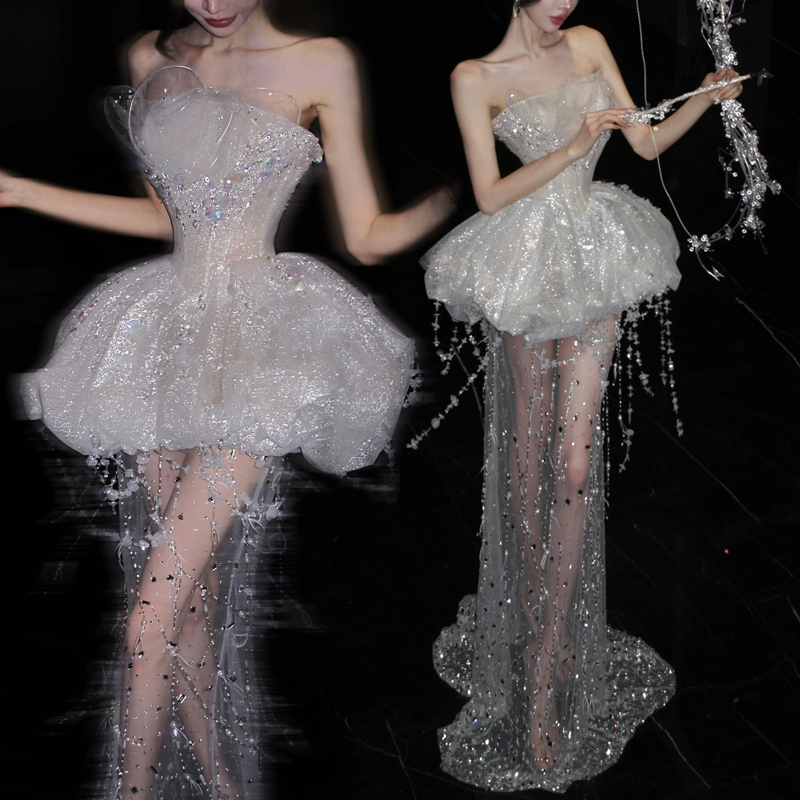 Sequined Waist-Cinching Short Gown, Heavily Embellished Dress for Birthday Photoshoot, Fashionable Socialite Style for Coming-Of-Age Ceremony Photography and Performance