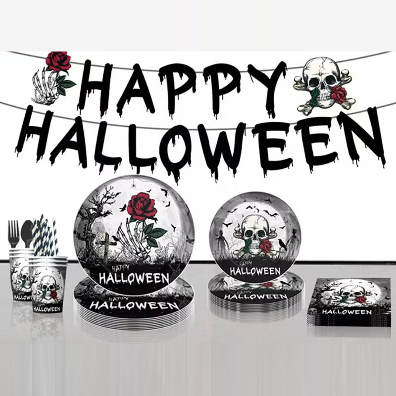 Helovino stalo įrankių rinkinys, vienkartinės lėkštės, popieriniai puodeliai, servetėlės, šiaudeliai, peiliai, šakutės, staltiesės, tortai, dekoracijos,_voghion.com