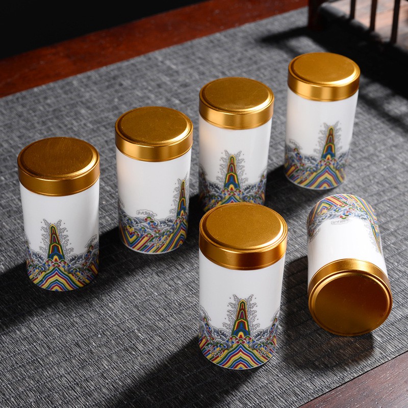 Hui shi mini caddy fixings colored enamel porcelain suet jade porcelain sealing general tea packing travel carry portable