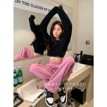 SUN11 pink casual sports pants womens summer new high-rise loose straight leg drape feeling mop wide leg pants gray