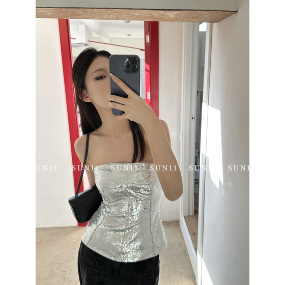SUN11 silver stitching tube top top female hot girl decoration body belt chest pad one shoulder strapless vest