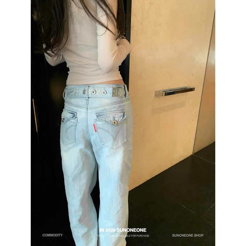 Sunoneone Korean Style Washed Light Blue Flip-Top Straight-Leg Jeans for Women, Summer Loose Casual Pants for Petite Figures