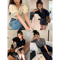 SUN11 thin cutout knit cardigan womens spring 2022 new baby sleeve short V-neck show thin short sleeve top