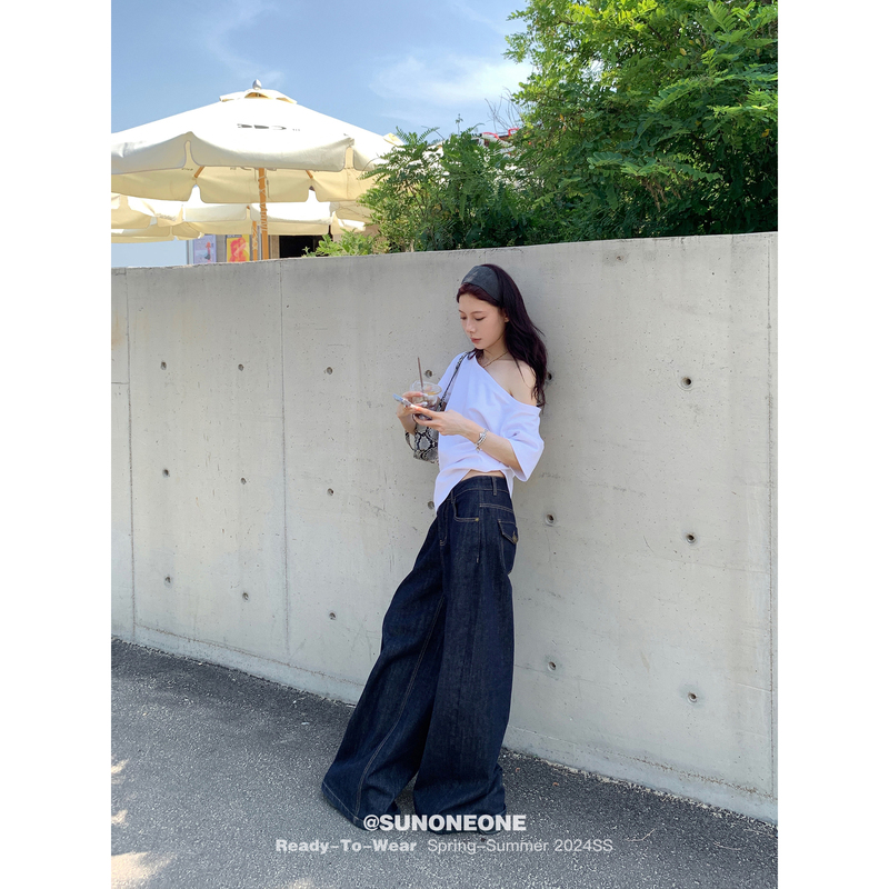 Sunoneone Low-Waisted Original Color Jeans for Women Spring and Summer Dark Blue American Style Loose Straight Retro Wide-Leg Pants
