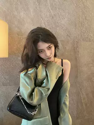 SUN11 avocado green satin blazer women's early autumn fried street premium style suit top 2021 spring and autumn