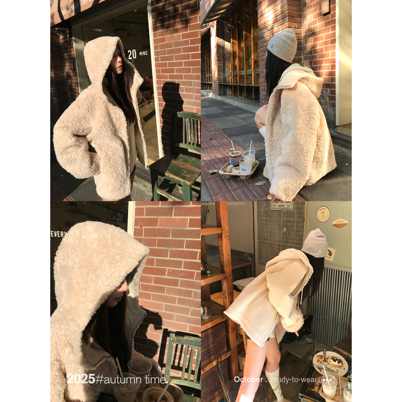 Sunoneone Teddy Fur 0.15kg Sided Wearable Hooded Suede Wool Coat for Women, Super Stylish Short Winter Coat