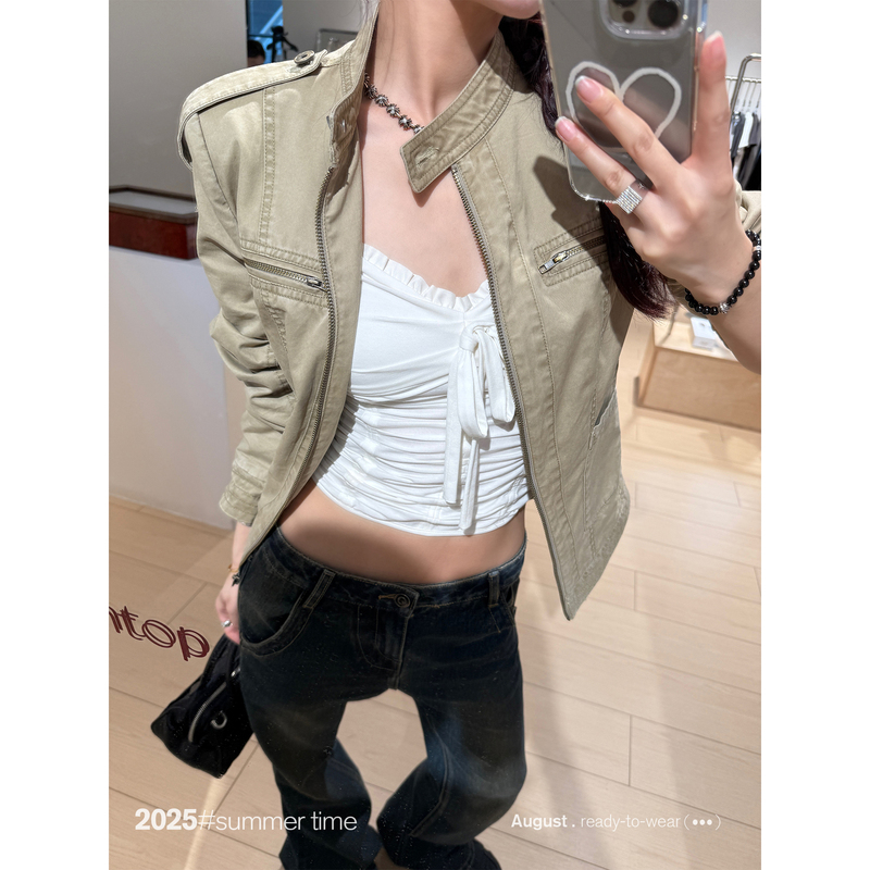 Sunoneone Stand Collar Distressed American Retro Short Denim Jacket for Women, New Spring Style, Regular Shoulder Jacket Top