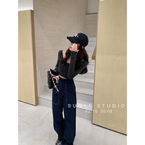 SUN11 splicing plainline slacks womens spring and summer high-rise slim mop pants loose wide leg hanging straight leg pants