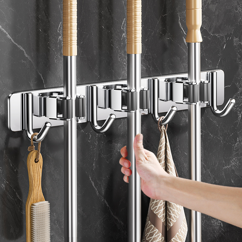 304 Stainless Steel Bathroom Mop Wall-Mounted Clip, No-Drill Bathroom Storage Magic Tool, Mop and Broom Holder