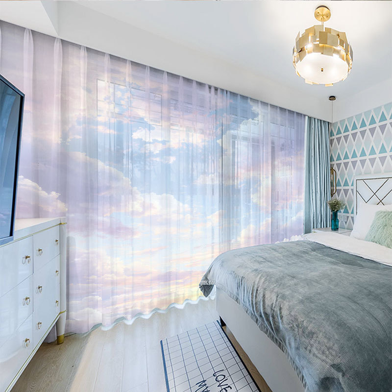 Cartoon Anime Style Purple Blue Sky and White Clouds Curtains Sheer Curtains Bedroom Bay Window Balcony Living Room Studio Hotel Homestay