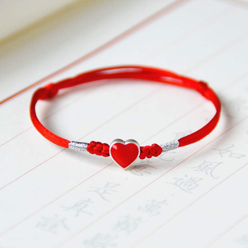 999 Pure Silver Loving Handmade Female Red Rope Couple a pair of hearts for male students Jane about seven New Year's birthday
