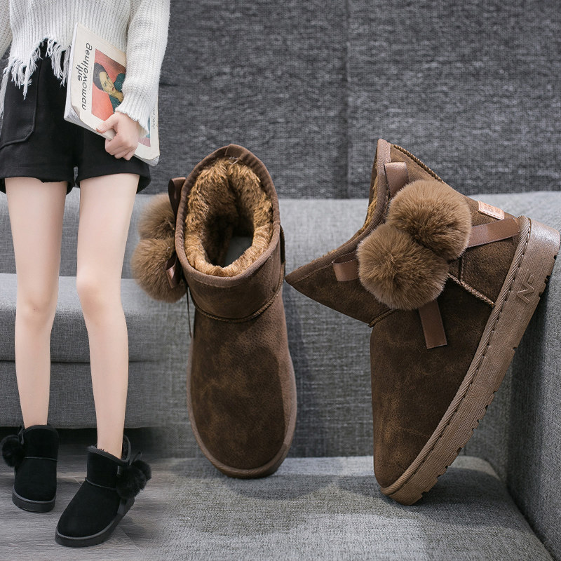 寄冬2019冬季兔毛毛球雪地靴短靴女靴子加绒棉鞋百搭短筒保暖棉靴