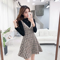 Thu đông 2018 phiên bản mới của Hàn Quốc thắt lưng là dây đeo bằng vải tweed mỏng và dày Một chiếc váy len hai dây đầm dự tiệc