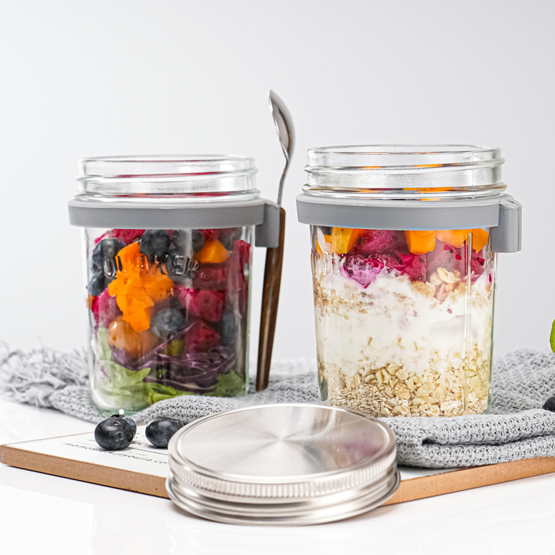 mrwater Portable Overnight Oatmeal Cup with Spoon with Lid Breakfast Cup Mason Cup Glass Salad Jar Yogurt Cup m