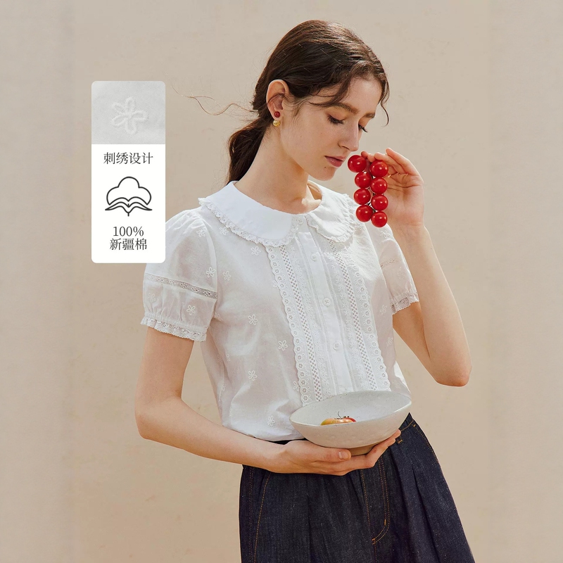 Inman French Lace Doll Collar Shirt for Women 2026 Summer Pure Cotton Short-Sleeved Puff-Sleeved White Shirt