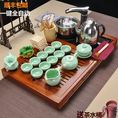 Ren gu tea tea set set household pear solid wood tea tray tea table purple sand ice crack integrated automatic induction cooker