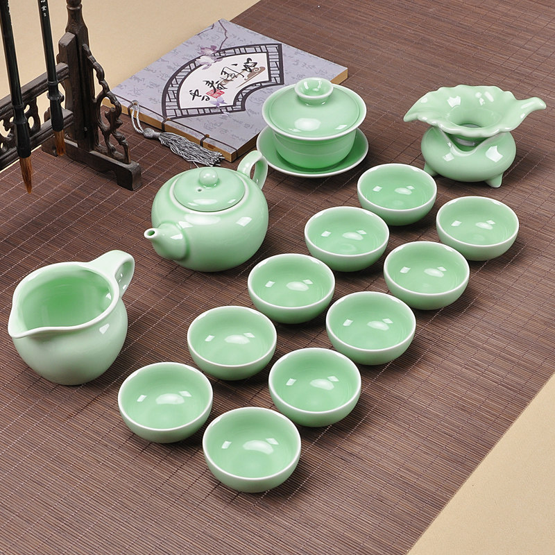 Tea drinking tea set Household living room Kung fu purple sand celadon carp glass ice crack teacup cover bowl Teapot set
