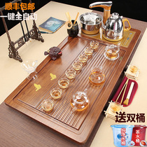 Tea set set household purple sand ice cracked glass solid wood large tea tray tea table full automatic induction cooker