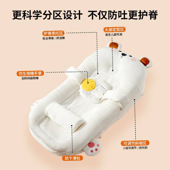 Anti-Spit-Up Slope Bed for Babies, Newborn Bionic Bed, Baby Bed Within a Bed, Anti-Overflow and Anti-Choking Breathable Pillow