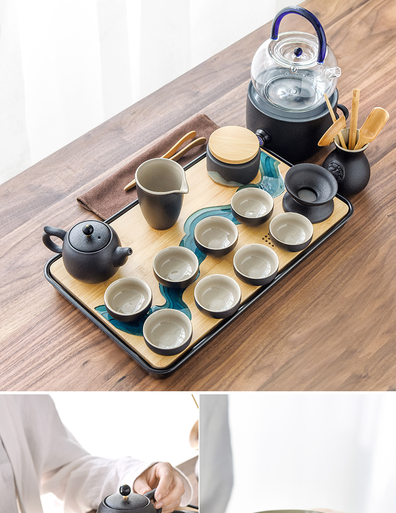 By understanding the modern black ceramic kung fu tea set household contracted mini Japanese tea tea tray of a complete set of the teapot