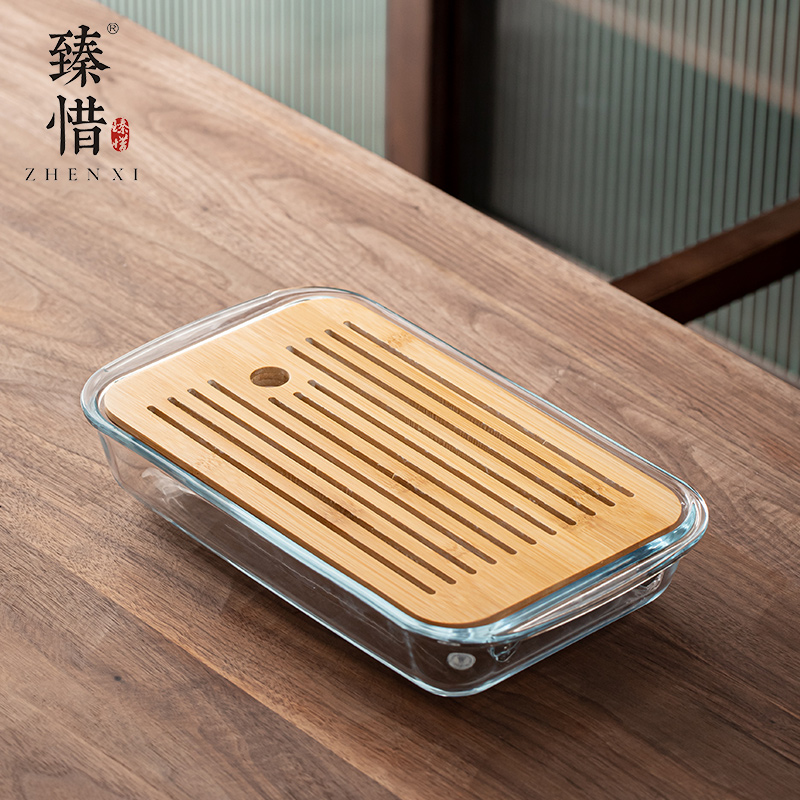 Zhen Cherish Modern Chinese Creative Glass Tea Tray Home Simple Water Storage Bamboo Mini Size Number Tea Terrace Tea Topan-Taobao