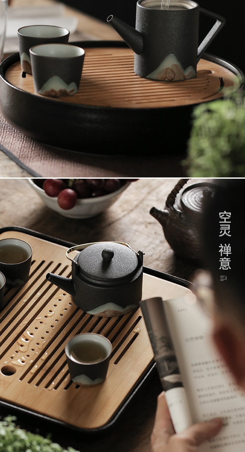 Become precious little creative mountains black ceramic kung fu tea set of household contracted dry tea tray size Japanese custom