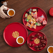 Zhenxie red ceramic tray wedding tea tray home Tea Cup wedding fruit plate snacks round flat tea tray