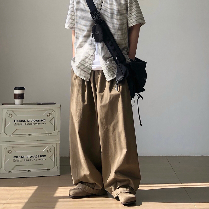 Richman Japanese Style Outfit Khaki Retro Wide-Leg Cargo Pants Men's Oversized Casual Floor-Length Pants