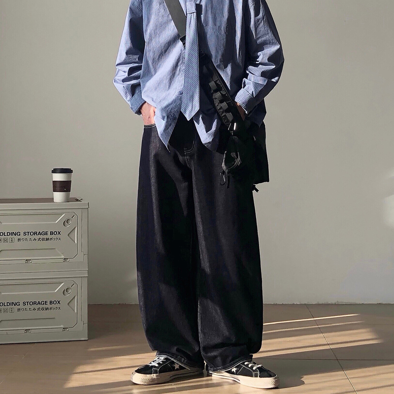 Richman Japanese Style Dark Blue Scimitar Jeans for Men, Raw Denim, Loose Fit, Versatile Casual Long Pants