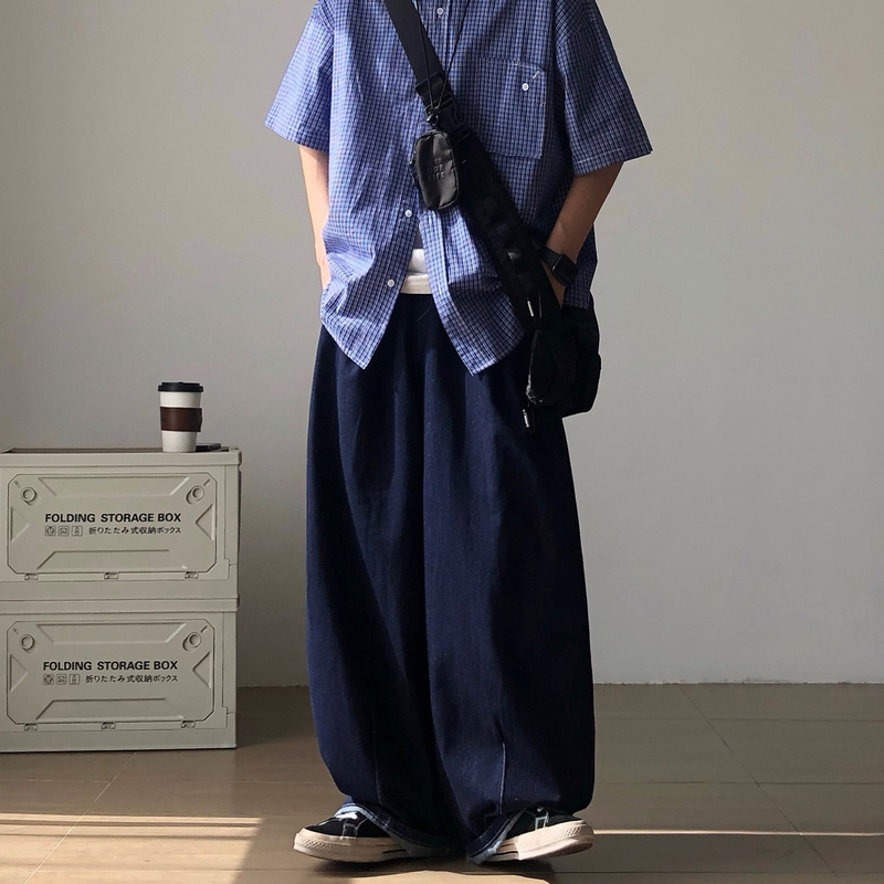 Richman Japanese Style Outfit Dark Blue Thin Wide-Leg Jeans Men's Loose Oversize Pants Richman Japanese Style Outfit Dark Blue Thin Wide-Leg Jeans Men's Loose Oversize Pants