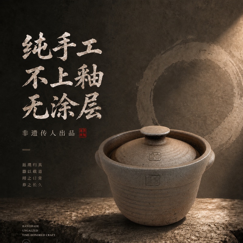 Spring, Summer, Autumn, and Winter Health-Preserving Uncoated Pure Handmade Unglazed Non-Coated Intangible Cultural Heritage Yingjing Old Clay Pot [Spill-Proof]