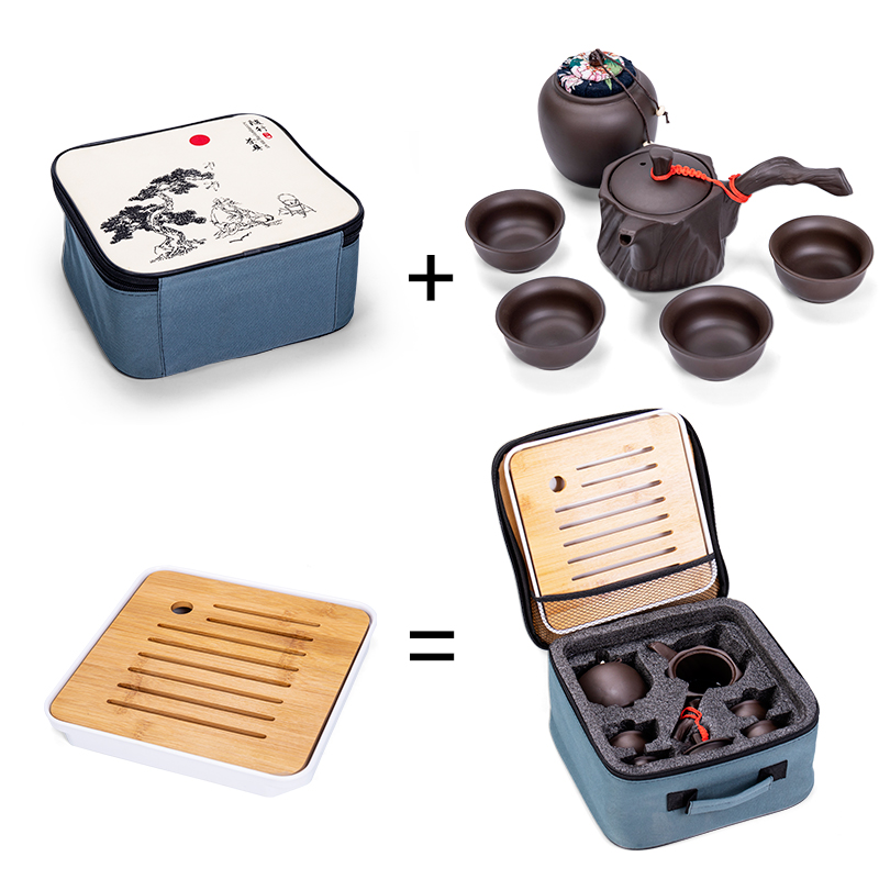 Portable travel tea set with a pot of four cups of tea tray was violet arenaceous kung fu receive charter to their simple meal