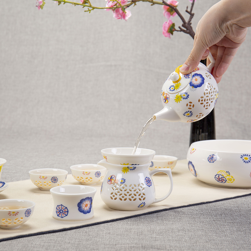 Jane home a complete set of blue and white porcelain quality and exquisite tea sets tea pot lid bowl of hollow ceramic teapot teacup