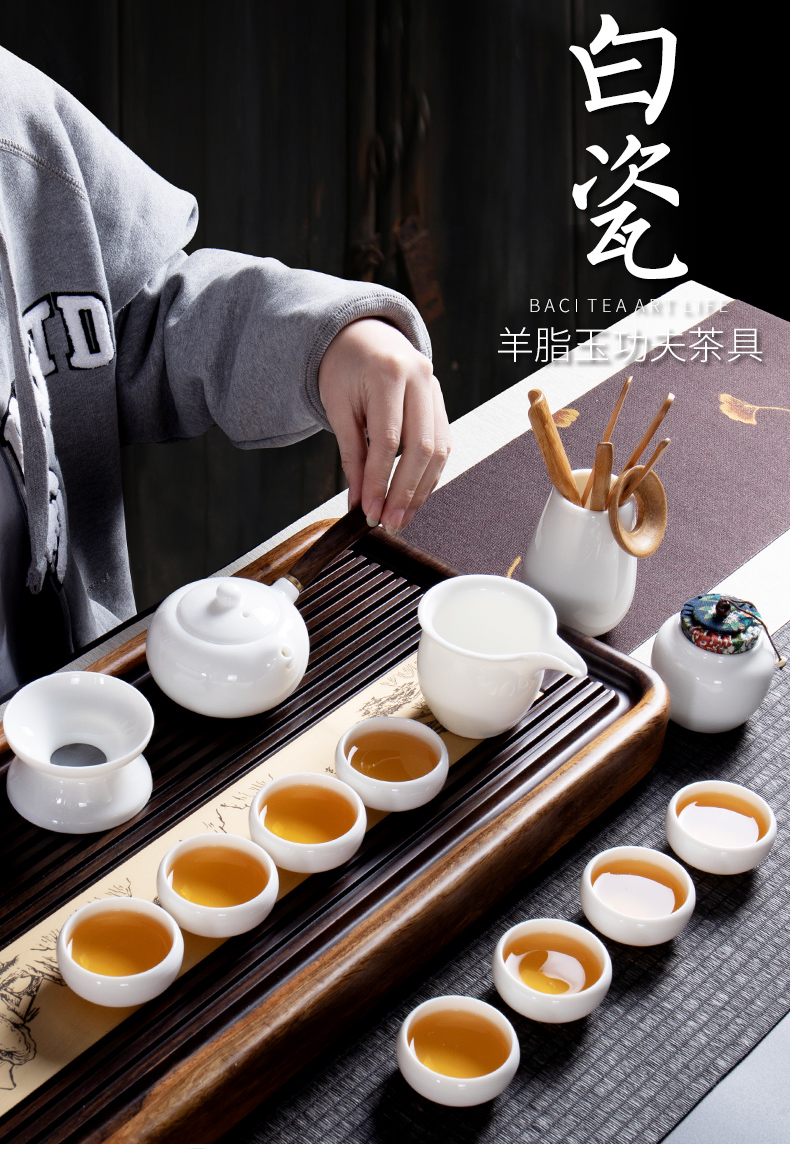 Dehua suet jade white porcelain tea set home sitting room small Japanese kung fu teapot teacup office receive a visitor