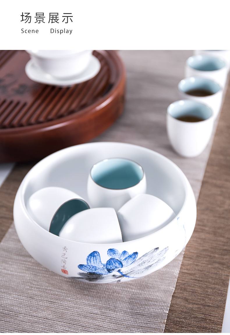 White porcelain ceramic tea wash water, after the writing brush washer of blue and White porcelain tea set spare parts for household large wash in hot cup bowl cylinder flowerpot