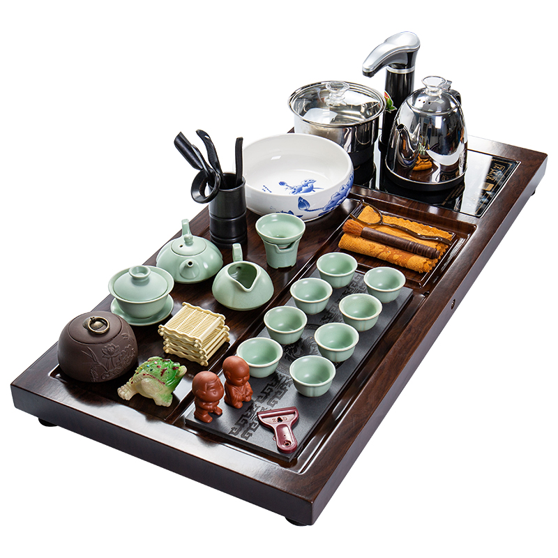 Violet arenaceous kung fu tea set suit household automatic snap one induction cooker sea stone tea tray was solid wood tea tray