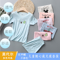 Childrens short-sleeved suit Girls Modal home clothes Summer thin section Boys half-sleeved T-shirt three-point pants two-piece set