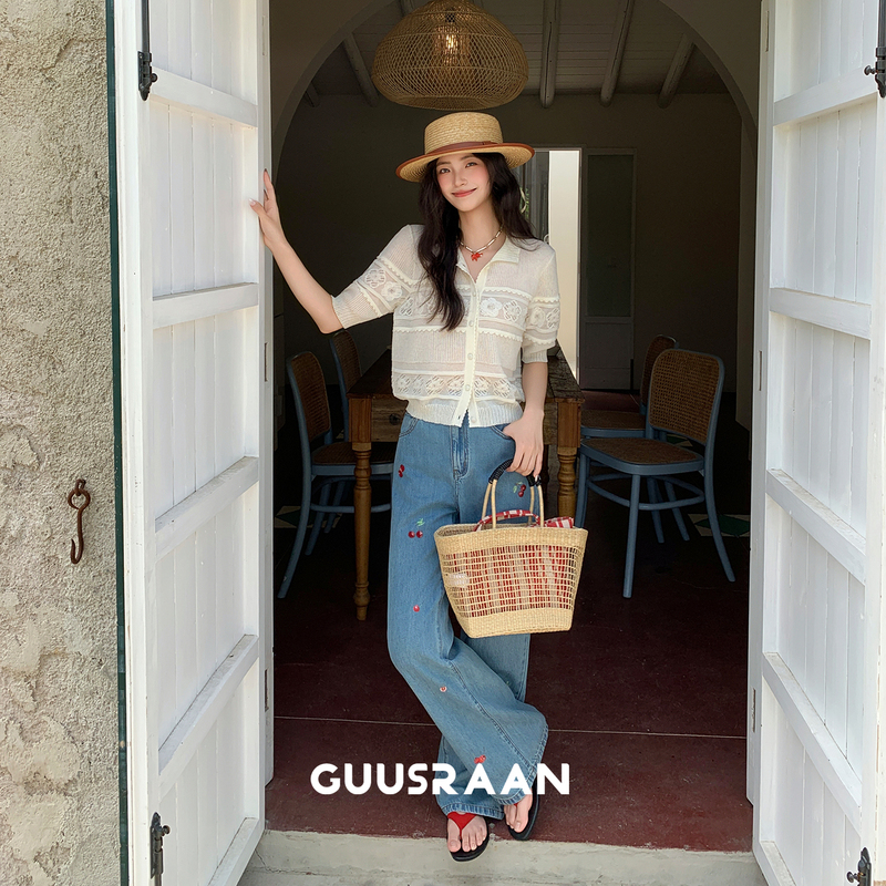 Summer Cherry Blossom Fragments | Three-Dimensional Hand-Beaded Cherry Wide-Leg Jeans for Women, High-Waisted, Slimming, Straight-Leg Pants, Thin Summer Style Summer Cherry Blossom Fragments | Three-Dimensional Hand-Beaded Cherry Wide-Leg Jeans for Women, High-Waisted, Slimming, Straight-Leg Pants, Thin Summer Style